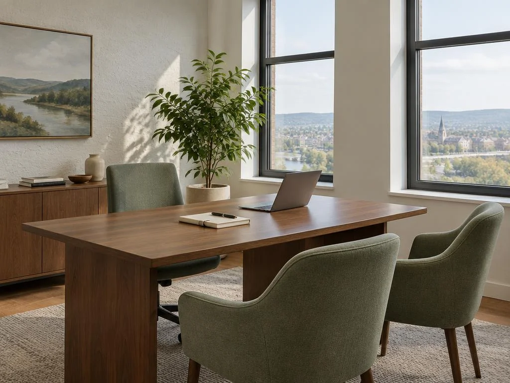 Illustrative business workspace